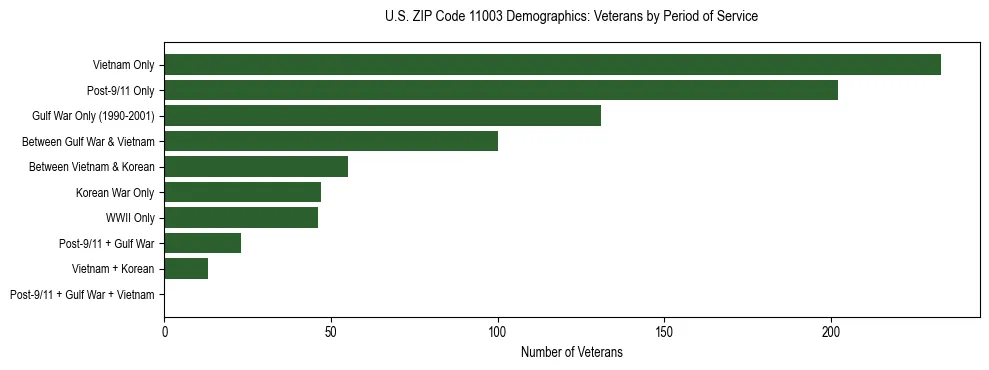 Horizontal bar chart showing veteran distribution by period of military service in US ZIP Code 11003, based on 2023 ACS data.