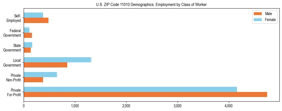 Horizontal bar chart showing employment distribution by class of worker and gender in US ZIP Code 11010, based on 2023 ACS data.