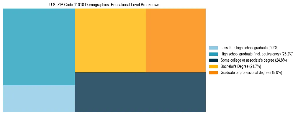 Treemap chart illustrating the educational attainment breakdown for population 25 years and over in US ZIP Code 11010.