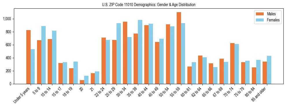 Bar chart showing the population distribution of US ZIP Code 11010 by age group and gender, based on 2023 ACS data.