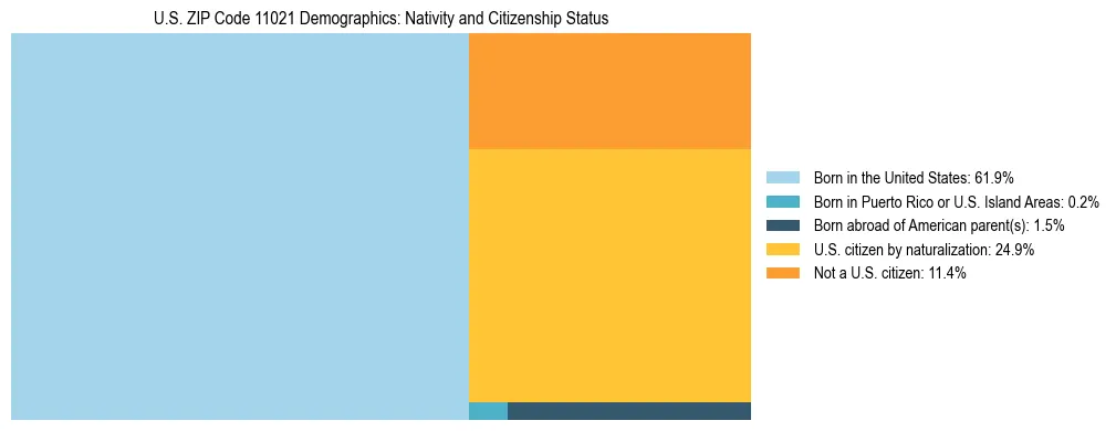 Treemap showing the population distribution by nativity and citizenship status in US ZIP Code 11021 based on U.S. Census data.