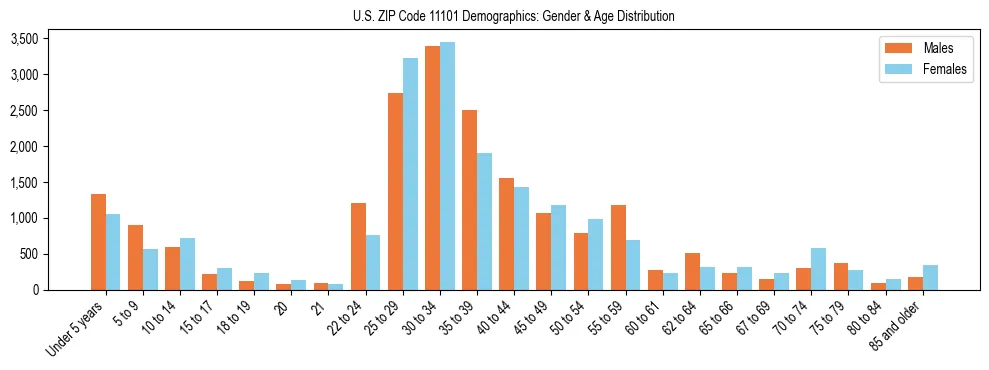 Bar chart showing the population distribution of US ZIP Code 11101 by age group and gender, based on 2023 ACS data.