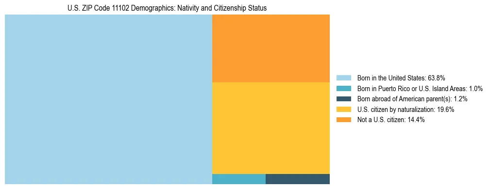 Treemap showing the population distribution by nativity and citizenship status in US ZIP Code 11102 based on U.S. Census data.