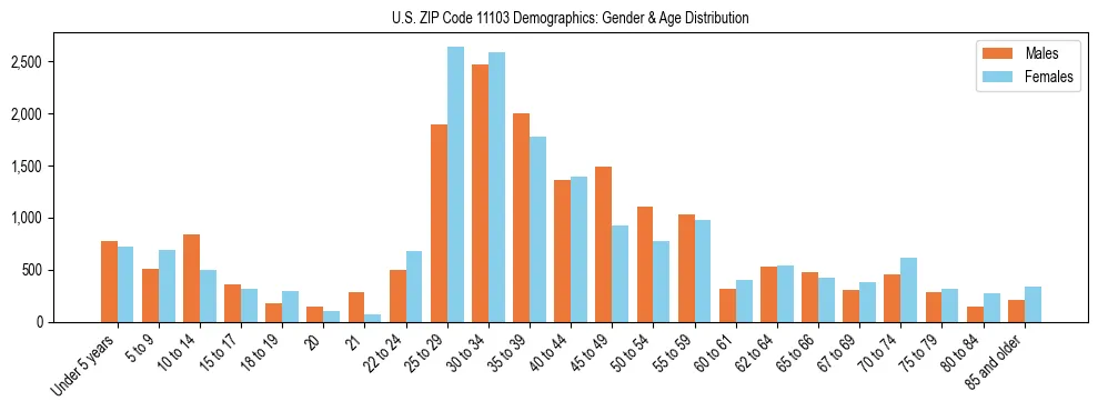 Bar chart showing the population distribution of US ZIP Code 11103 by age group and gender, based on 2023 ACS data.