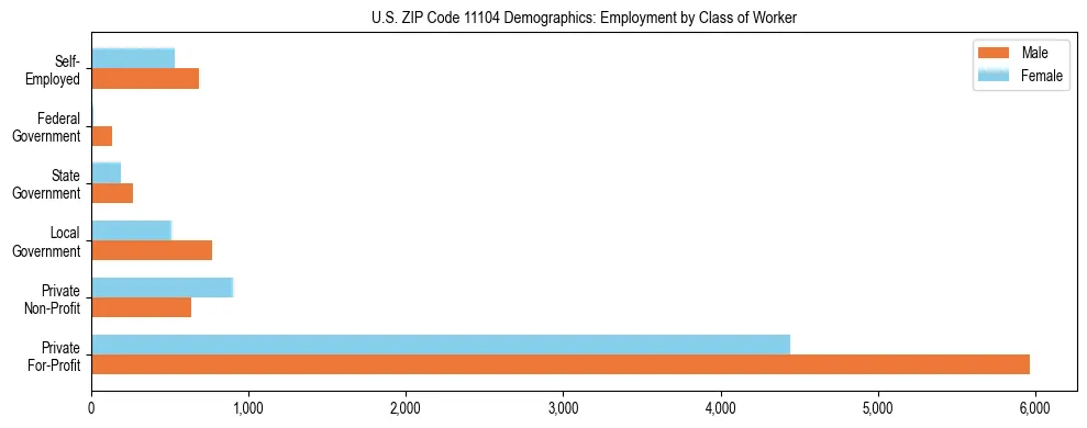 Horizontal bar chart showing employment distribution by class of worker and gender in US ZIP Code 11104, based on 2023 ACS data.
