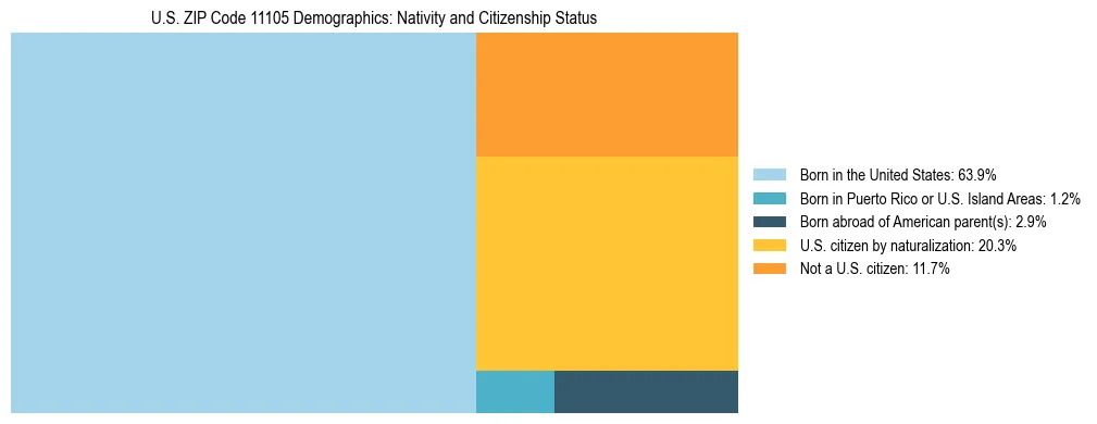 Treemap showing the population distribution by nativity and citizenship status in US ZIP Code 11105 based on U.S. Census data.