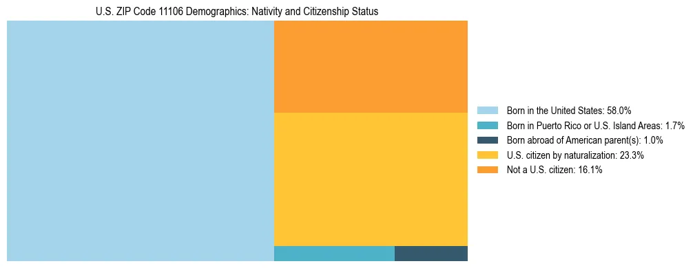 Treemap showing the population distribution by nativity and citizenship status in US ZIP Code 11106 based on U.S. Census data.
