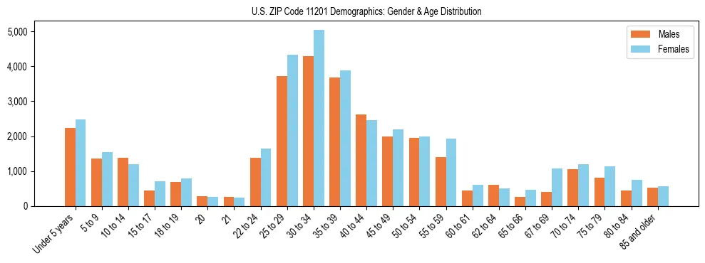 Bar chart showing the population distribution of US ZIP Code 11201 by age group and gender, based on 2023 ACS data.