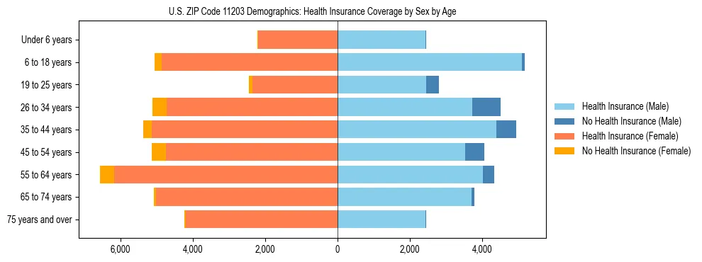 Pyramid chart showing health insurance coverage by age and sex in US ZIP Code 11203.