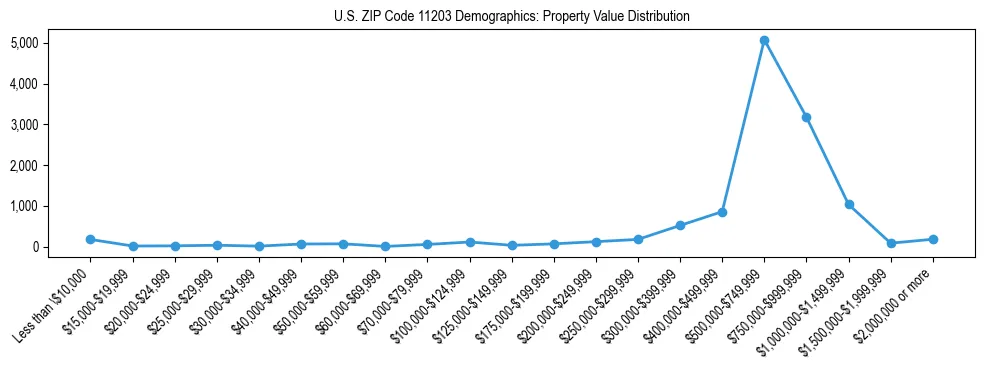 Line chart showing the distribution of property values for owner-occupied housing units in US ZIP Code 11203.