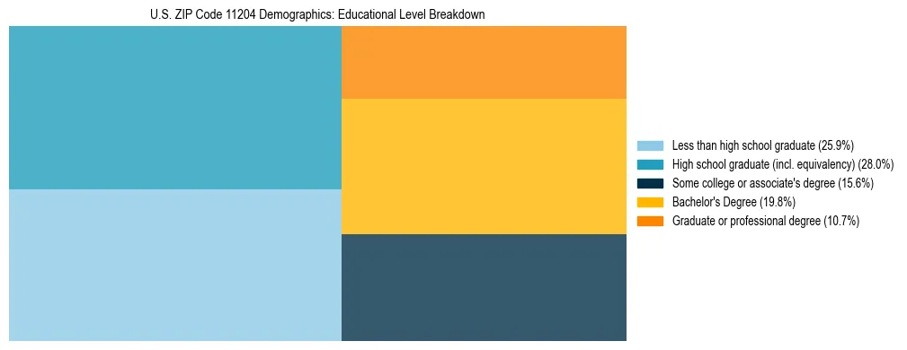Treemap chart illustrating the educational attainment breakdown for population 25 years and over in US ZIP Code 11204.