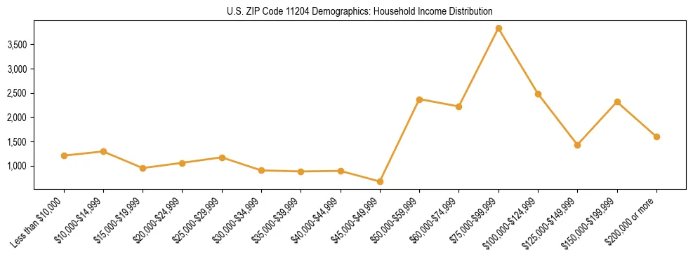 Horizontal bar chart showing household income distribution in US ZIP Code 11204.