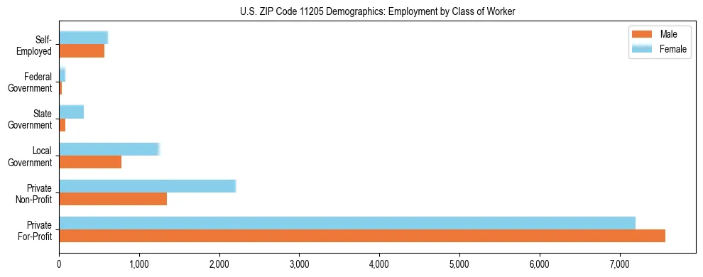 Horizontal bar chart showing employment distribution by class of worker and gender in US ZIP Code 11205, based on 2023 ACS data.