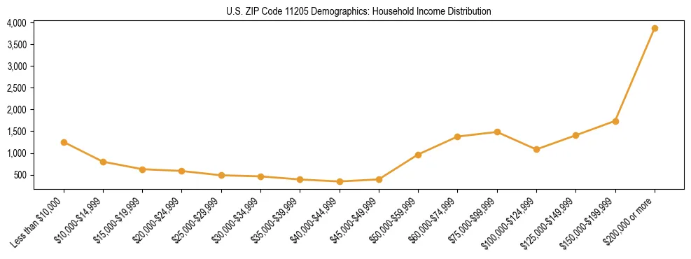 Horizontal bar chart showing household income distribution in US ZIP Code 11205.