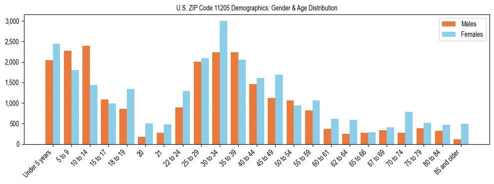 Bar chart showing the population distribution of US ZIP Code 11205 by age group and gender, based on 2023 ACS data.
