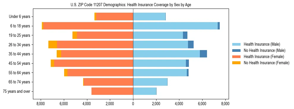 Pyramid chart showing health insurance coverage by age and sex in US ZIP Code 11207.