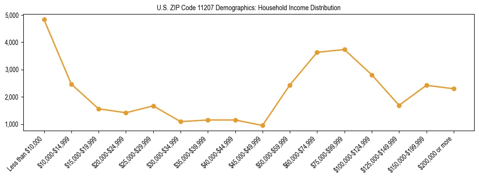 Horizontal bar chart showing household income distribution in US ZIP Code 11207.