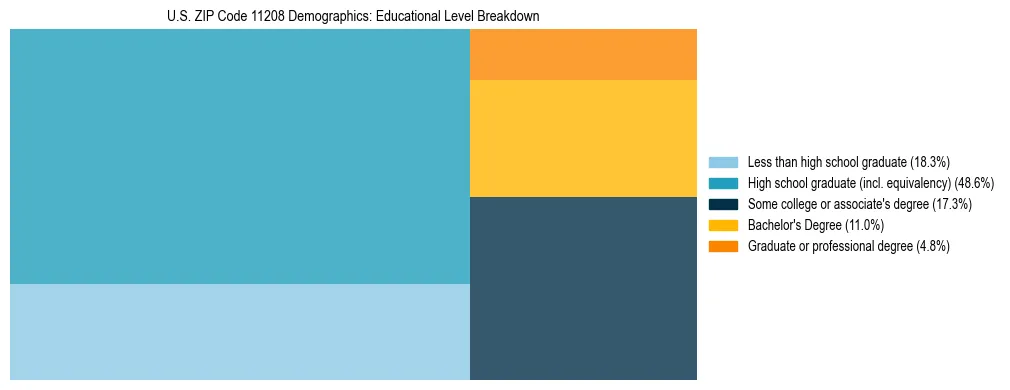 Treemap chart illustrating the educational attainment breakdown for population 25 years and over in US ZIP Code 11208.