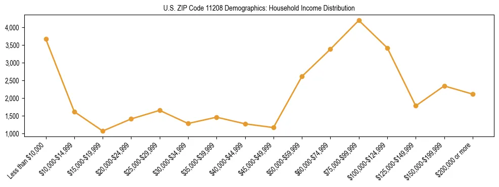 Horizontal bar chart showing household income distribution in US ZIP Code 11208.