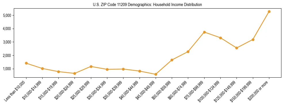 Horizontal bar chart showing household income distribution in US ZIP Code 11209.