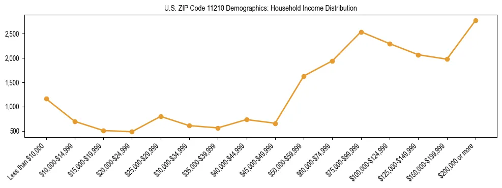 Horizontal bar chart showing household income distribution in US ZIP Code 11210.
