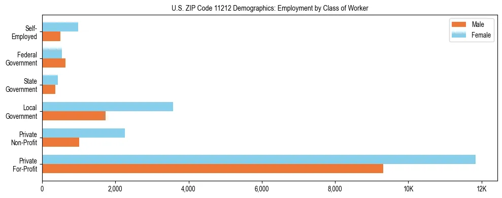 Horizontal bar chart showing employment distribution by class of worker and gender in US ZIP Code 11212, based on 2023 ACS data.
