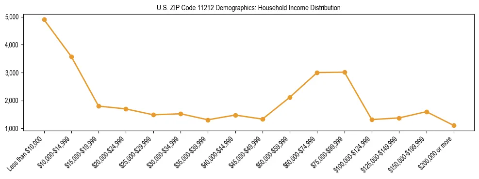 Horizontal bar chart showing household income distribution in US ZIP Code 11212.