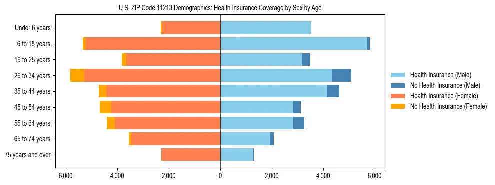 Pyramid chart showing health insurance coverage by age and sex in US ZIP Code 11213.
