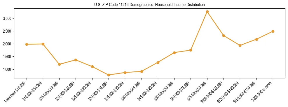 Horizontal bar chart showing household income distribution in US ZIP Code 11213.