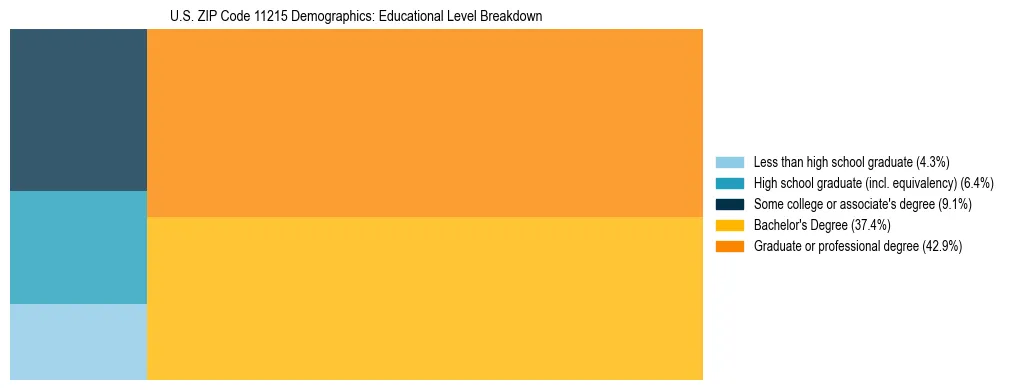 Treemap chart illustrating the educational attainment breakdown for population 25 years and over in US ZIP Code 11215.