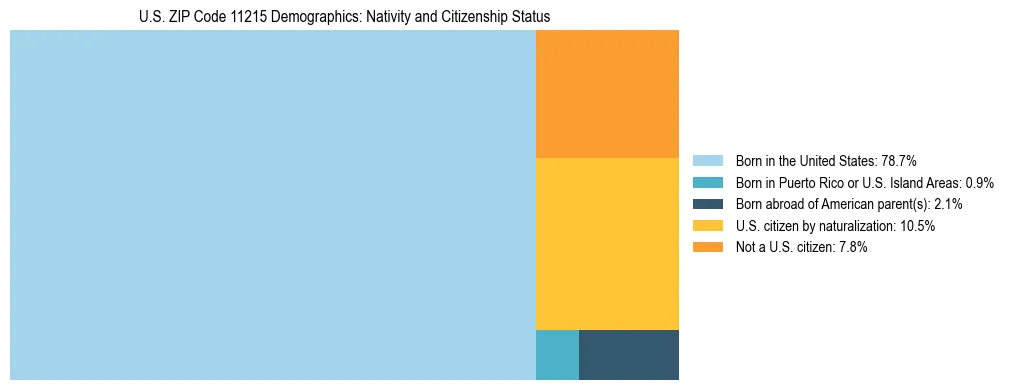 Treemap showing the population distribution by nativity and citizenship status in US ZIP Code 11215 based on U.S. Census data.
