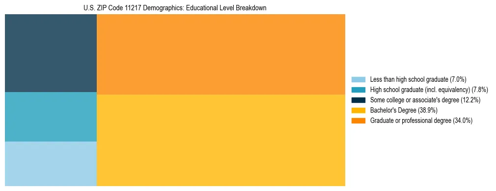 Treemap chart illustrating the educational attainment breakdown for population 25 years and over in US ZIP Code 11217.