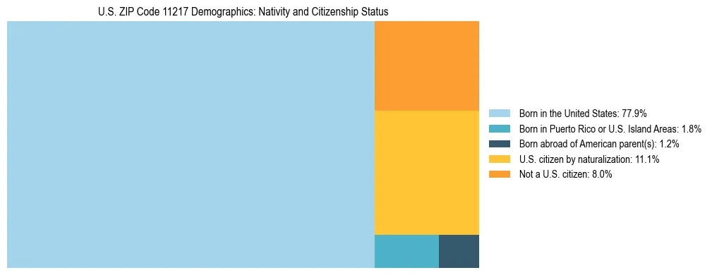 Treemap showing the population distribution by nativity and citizenship status in US ZIP Code 11217 based on U.S. Census data.