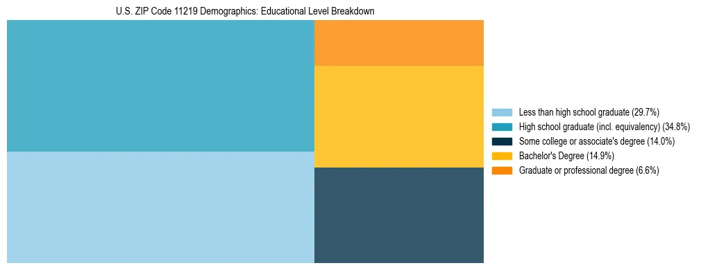 Treemap chart illustrating the educational attainment breakdown for population 25 years and over in US ZIP Code 11219.