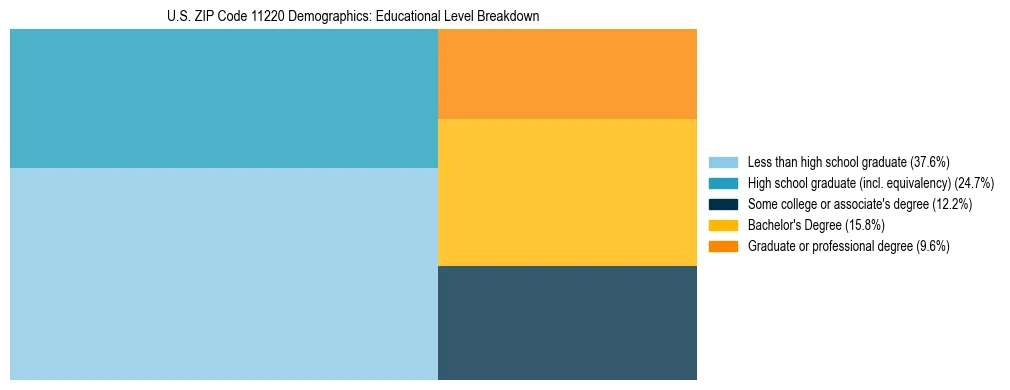 Treemap chart illustrating the educational attainment breakdown for population 25 years and over in US ZIP Code 11220.