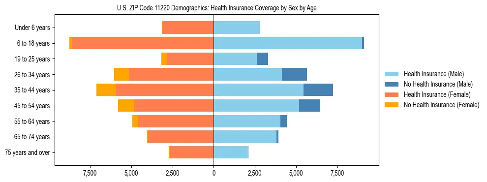 Pyramid chart showing health insurance coverage by age and sex in US ZIP Code 11220.