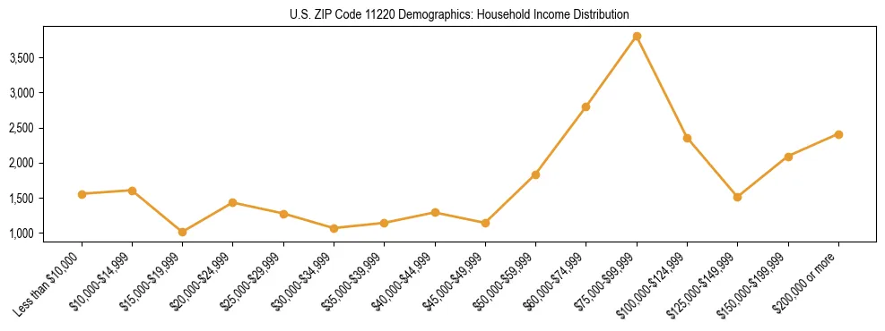 Horizontal bar chart showing household income distribution in US ZIP Code 11220.