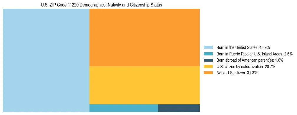 Treemap showing the population distribution by nativity and citizenship status in US ZIP Code 11220 based on U.S. Census data.