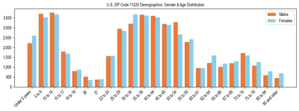 Bar chart showing the population distribution of US ZIP Code 11220 by age group and gender, based on 2023 ACS data.