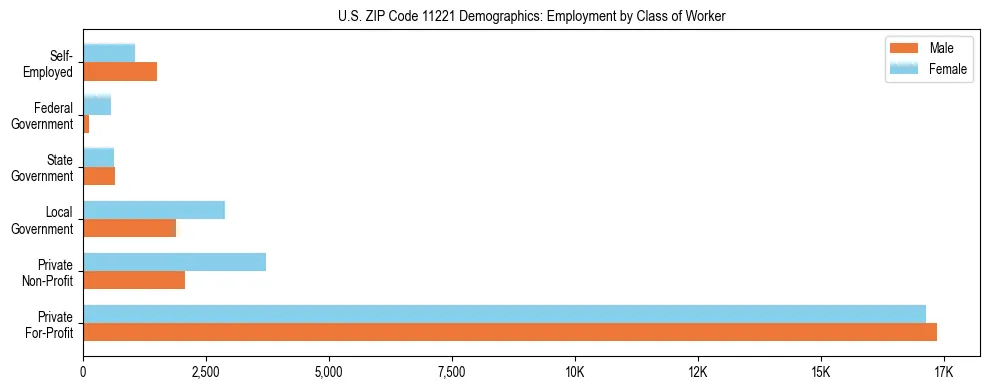Horizontal bar chart showing employment distribution by class of worker and gender in US ZIP Code 11221, based on 2023 ACS data.