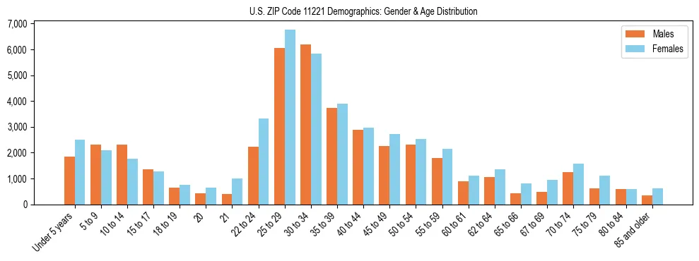 Bar chart showing the population distribution of US ZIP Code 11221 by age group and gender, based on 2023 ACS data.