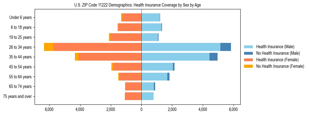 Pyramid chart showing health insurance coverage by age and sex in US ZIP Code 11222.