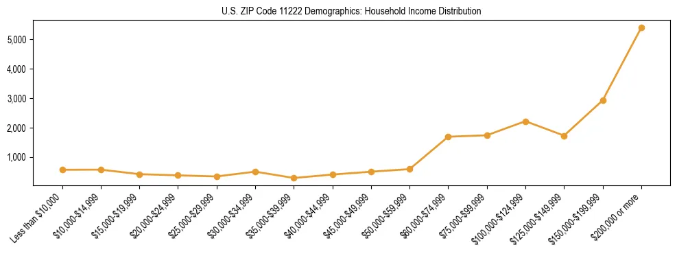 Horizontal bar chart showing household income distribution in US ZIP Code 11222.