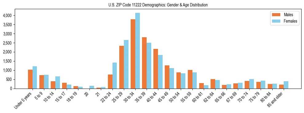 Bar chart showing the population distribution of US ZIP Code 11222 by age group and gender, based on 2023 ACS data.