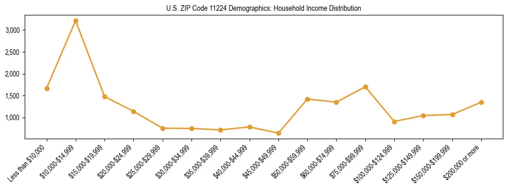 Horizontal bar chart showing household income distribution in US ZIP Code 11224.