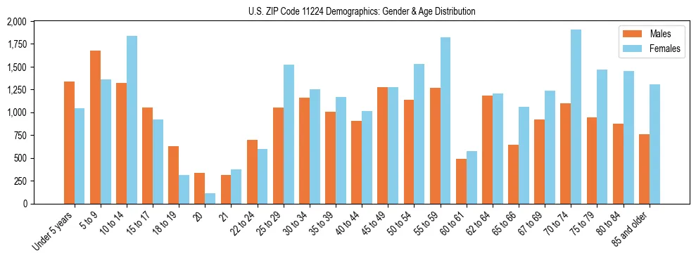 Bar chart showing the population distribution of US ZIP Code 11224 by age group and gender, based on 2023 ACS data.