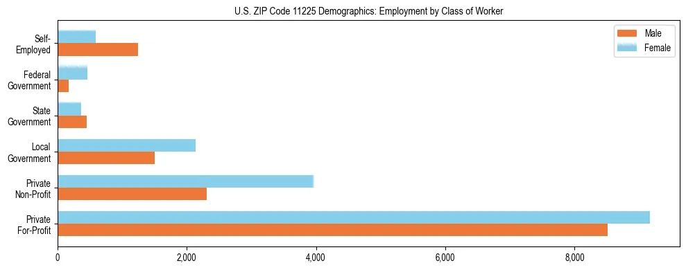 Horizontal bar chart showing employment distribution by class of worker and gender in US ZIP Code 11225, based on 2023 ACS data.