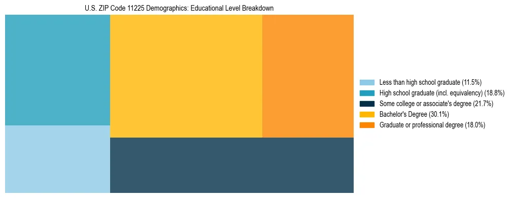 Treemap chart illustrating the educational attainment breakdown for population 25 years and over in US ZIP Code 11225.