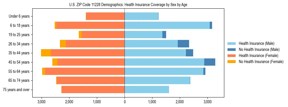 Pyramid chart showing health insurance coverage by age and sex in US ZIP Code 11228.