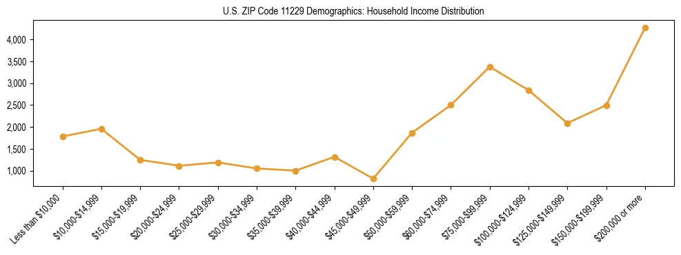 Horizontal bar chart showing household income distribution in US ZIP Code 11229.